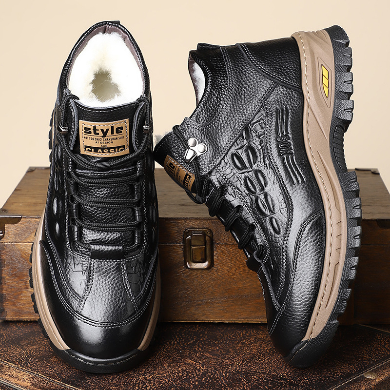 Pantofi de iarnă pentru bărbați din piele naturală, partea superioară din piele de vițel, căptușeală din lână, model crocodil, talpă din cauciuc