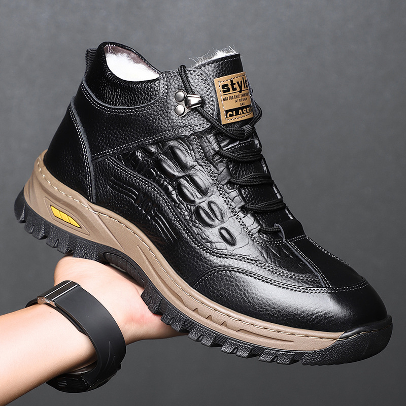 Pantofi de iarnă pentru bărbați din piele naturală, partea superioară din piele de vițel, căptușeală din lână, model crocodil, talpă din cauciuc