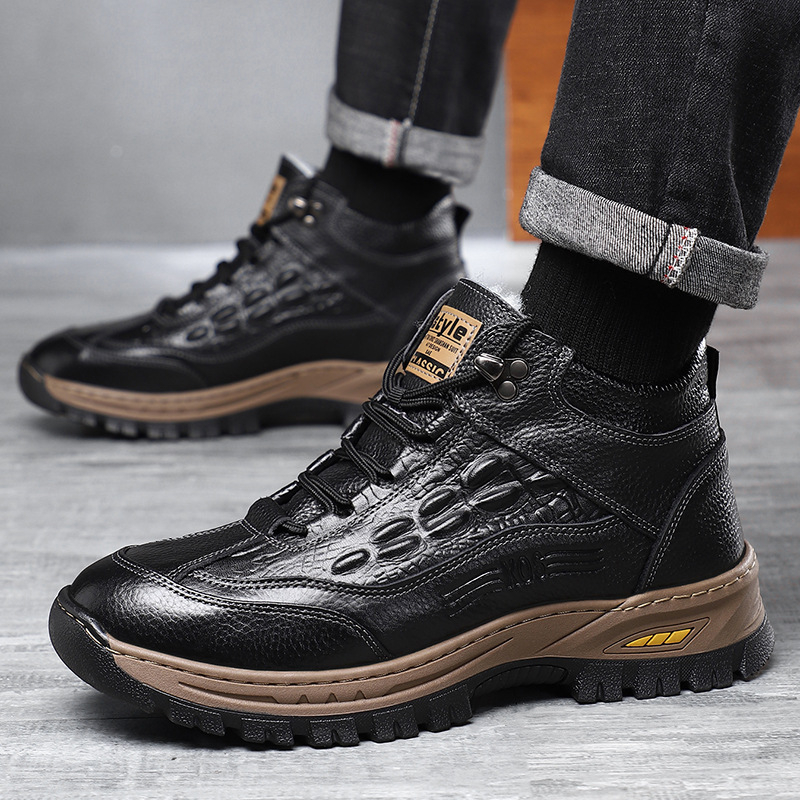 Pantofi de iarnă pentru bărbați din piele naturală, partea superioară din piele de vițel, căptușeală din lână, model crocodil, talpă din cauciuc