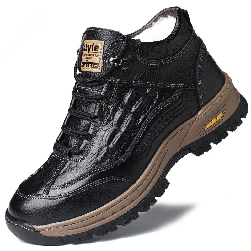Pantofi de iarnă pentru bărbați din piele naturală, partea superioară din piele de vițel, căptușeală din lână, model crocodil, talpă din cauciuc