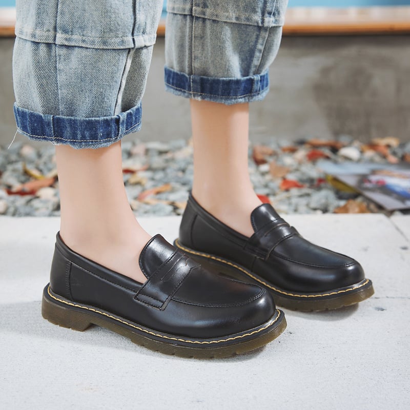 Pantofi femei Mary Jane din piele PU, slip-on — vârf rotund, talpă plată, talpă din cauciuc, căptușeală textile