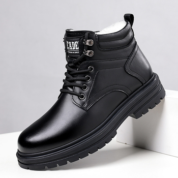 Ghete Martin pentru bărbați, căptușite cu fleece, înalte, partea superioară din piele reciclată, talpă din cauciuc, vârf rotund