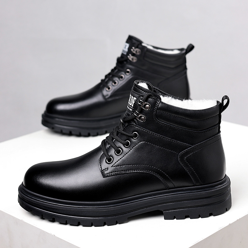 Ghete Martin pentru bărbați, căptușite cu fleece, înalte, partea superioară din piele reciclată, talpă din cauciuc, vârf rotund