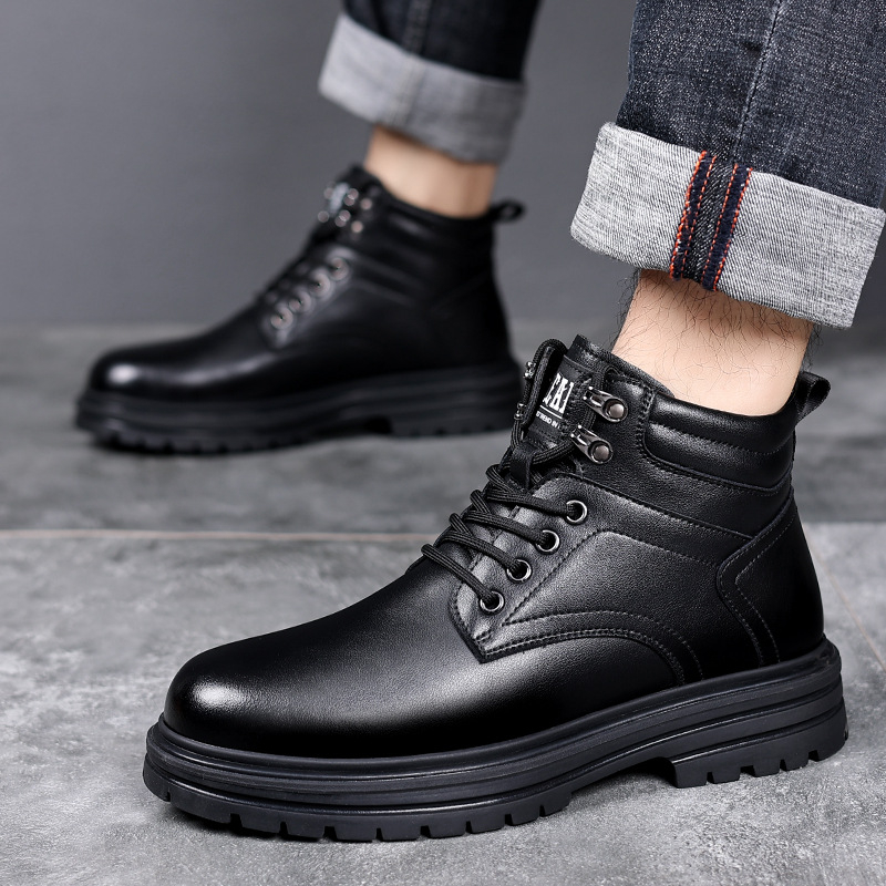 Ghete Martin pentru bărbați, căptușite cu fleece, înalte, partea superioară din piele reciclată, talpă din cauciuc, vârf rotund