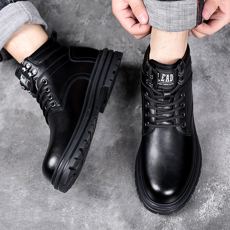 Ghete Martin pentru bărbați, căptușite cu fleece, înalte, partea superioară din piele reciclată, talpă din cauciuc, vârf rotund