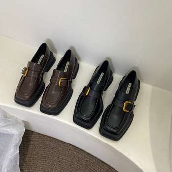 Loafers pentru femei – partea superioară PU, vârf pătrat, toc mediu (3–5 cm), toc gros, stil britanic