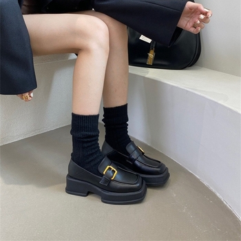 Loafers pentru femei – partea superioară PU, vârf pătrat, toc mediu (3–5 cm), toc gros, stil britanic