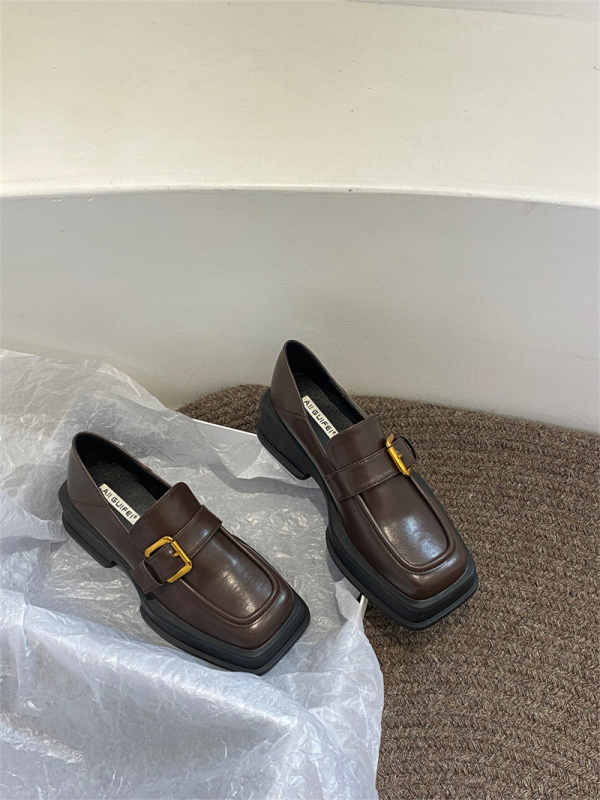 Loafers pentru femei – partea superioară PU, vârf pătrat, toc mediu (3–5 cm), toc gros, stil britanic