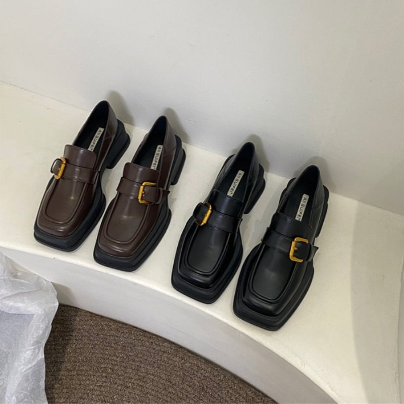 Loafers pentru femei – partea superioară PU, vârf pătrat, toc mediu (3–5 cm), toc gros, stil britanic