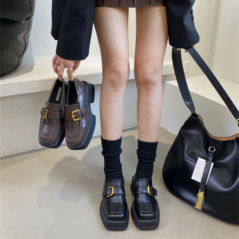 Loafers pentru femei – partea superioară PU, vârf pătrat, toc mediu (3–5 cm), toc gros, stil britanic