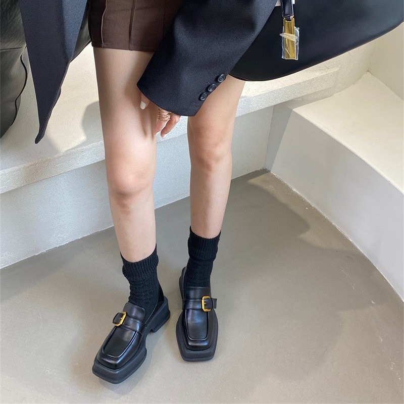 Loafers pentru femei – partea superioară PU, vârf pătrat, toc mediu (3–5 cm), toc gros, stil britanic