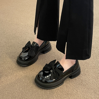 Loafers Mary Jane pentru femei cu talpă groasă, PU suprafață, vârf rotund, toc mic 1–3 cm, închidere cu șiret, talpă din cauciuc