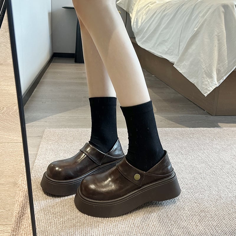 Ženske loaferice s debelim potplatom, PU gornji dio, okrugli vrh, niski đon 1–3 cm, Slip-On, gumena potplata, britanski akademski stil, casual