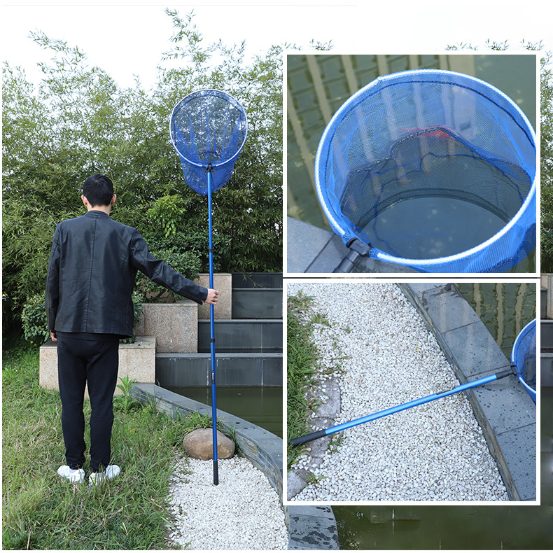 Риболовна мрежа за ръчна употреба, кръгла, преносима, алуминиева сплав, трисекция телескопична, сгъваема, устойчива на корозия фина мрежа
