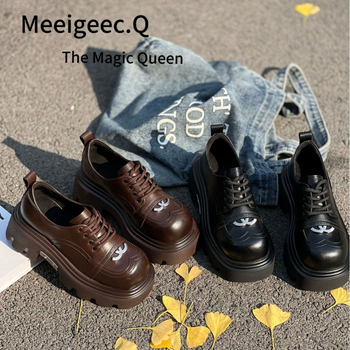 Ženske kožne loaferice s debelom potplatom, prugasti vintage stil, vezanje, srednja visina peta 3–5 cm
