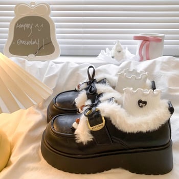 Női PU bőrű loafer plüss masnival, kerek orrú, platform talppal, meleg bolyhos belsővel