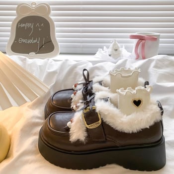 Női PU bőrű loafer plüss masnival, kerek orrú, platform talppal, meleg bolyhos belsővel