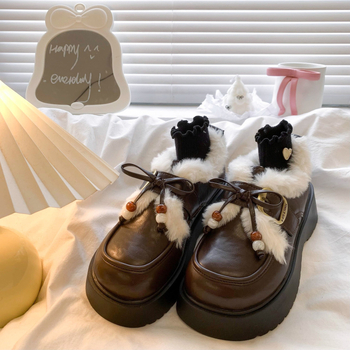 Női PU bőrű loafer plüss masnival, kerek orrú, platform talppal, meleg bolyhos belsővel