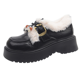 Női PU bőrű loafer plüss masnival, kerek orrú, platform talppal, meleg bolyhos belsővel