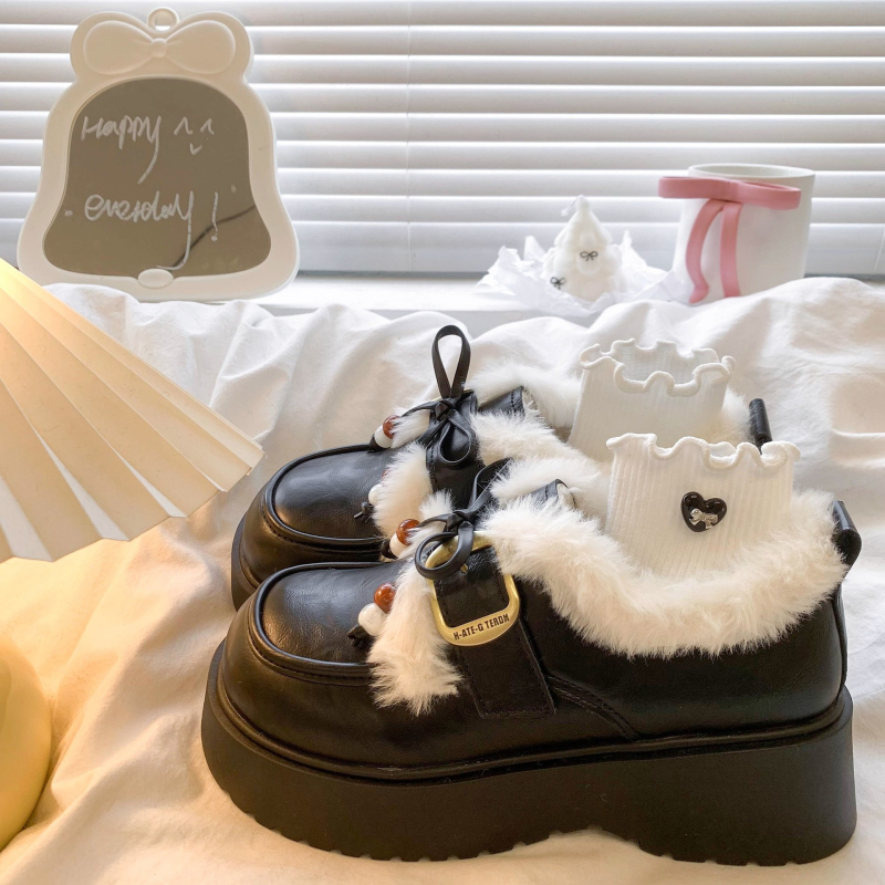 Női PU bőrű loafer plüss masnival, kerek orrú, platform talppal, meleg bolyhos belsővel