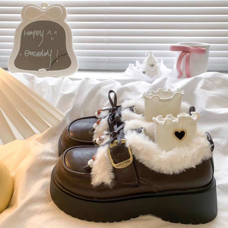 Női PU bőrű loafer plüss masnival, kerek orrú, platform talppal, meleg bolyhos belsővel