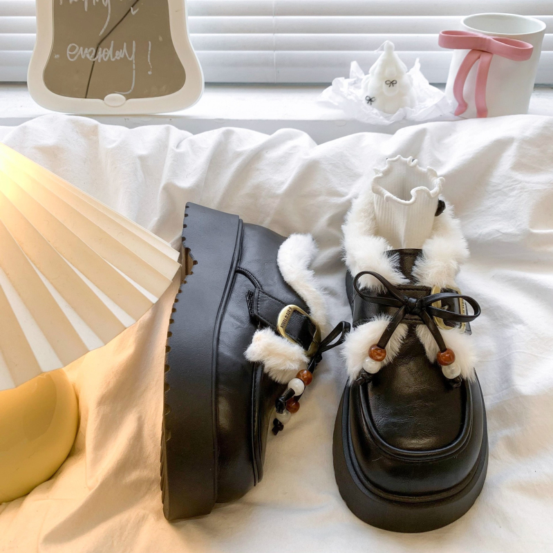 Női PU bőrű loafer plüss masnival, kerek orrú, platform talppal, meleg bolyhos belsővel