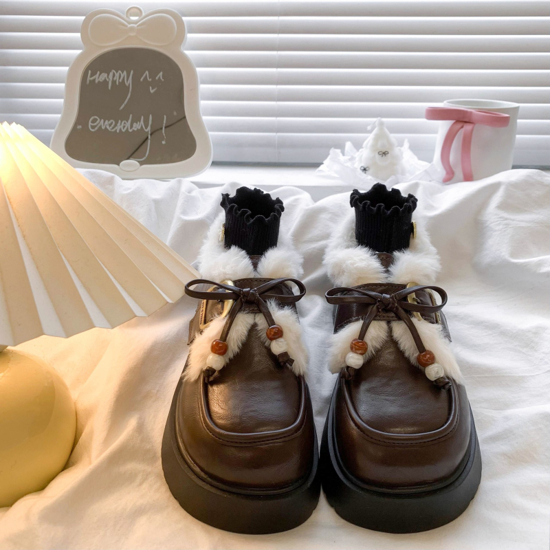 Női PU bőrű loafer plüss masnival, kerek orrú, platform talppal, meleg bolyhos belsővel