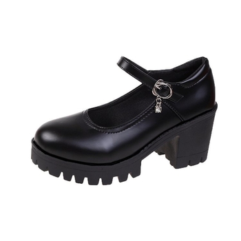 Női patent bőr cipő, egyrészes csattal záródó, vastag sarkú, 6–8 cm, kerek orr, gumitalap