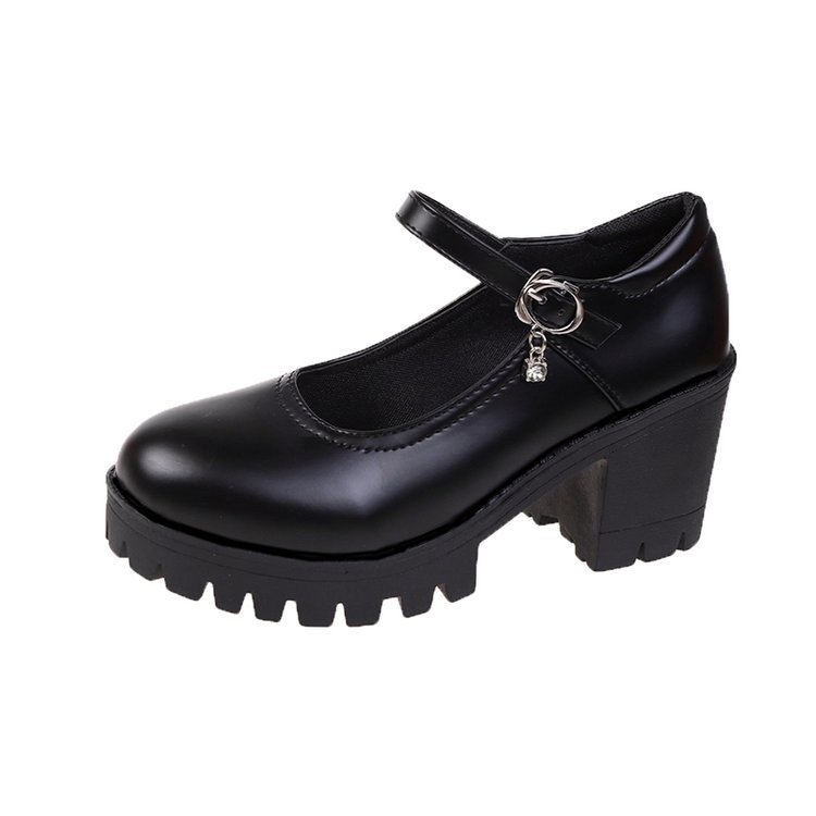 Női patent bőr cipő, egyrészes csattal záródó, vastag sarkú, 6–8 cm, kerek orr, gumitalap