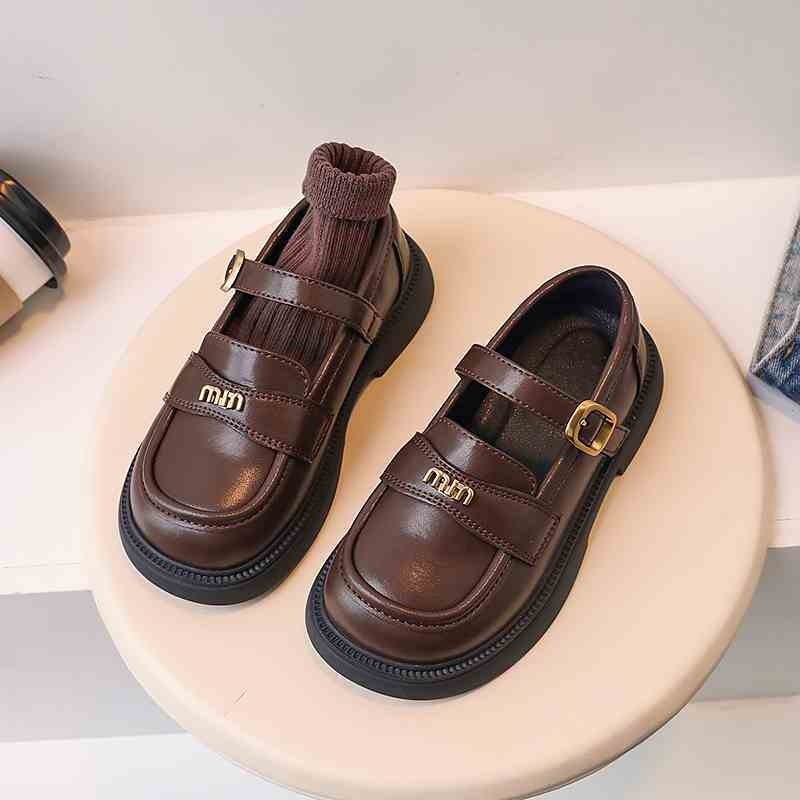 Lányoknak készült királynő-stílusú műbőr loaferek, négyzetes orr, Velcro-zár, PU talp, csíkos mintázat, tavasz–őszre.