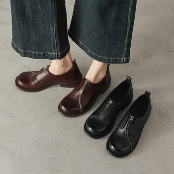 Обувки от телешка кожа в академичен стил, британски дизайн, преден цип, закръглен нос, дебел среден ток