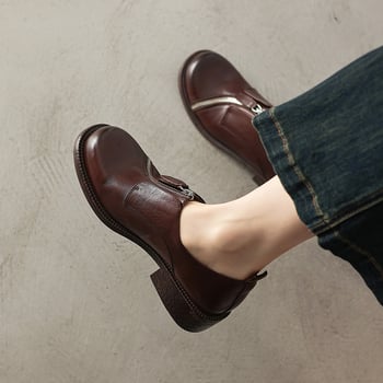 Обувки от телешка кожа в академичен стил, британски дизайн, преден цип, закръглен нос, дебел среден ток