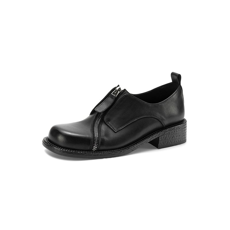 Обувки от телешка кожа в академичен стил, британски дизайн, преден цип, закръглен нос, дебел среден ток