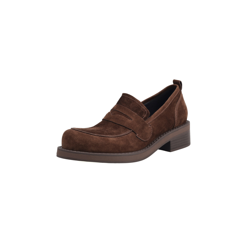 Mokasice od teleće kože, okrugli vrh, duboki otvor, debeli srednji blok peta 3-5 cm, slip-on
