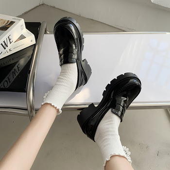 Женски лофери, японски стил, горна част от изкуствен PU, кръгъл нос, междинен ток 3–5 см