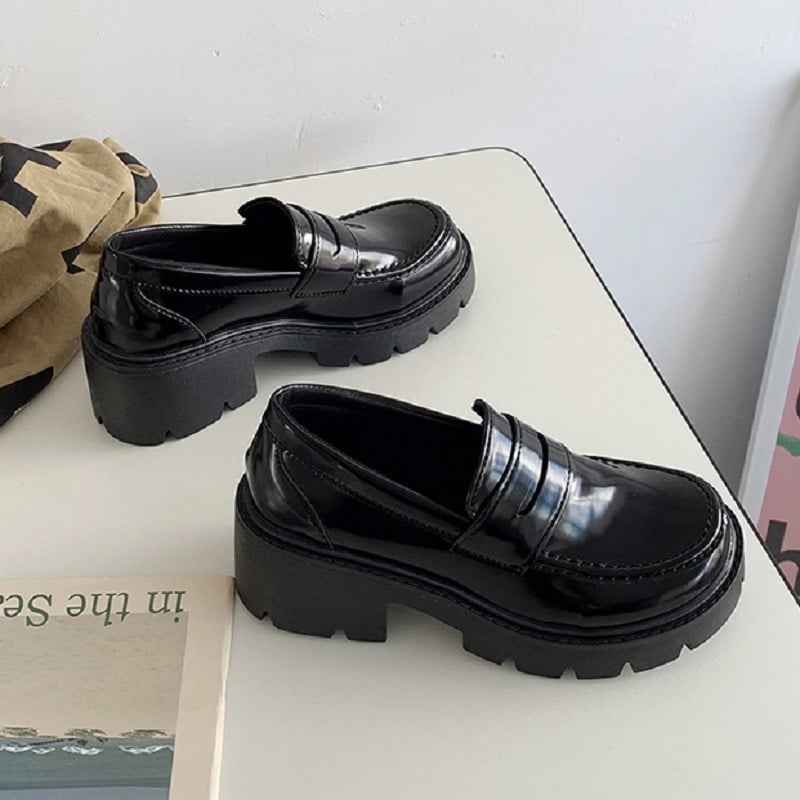 Женски лофери, японски стил, горна част от изкуствен PU, кръгъл нос, междинен ток 3–5 см