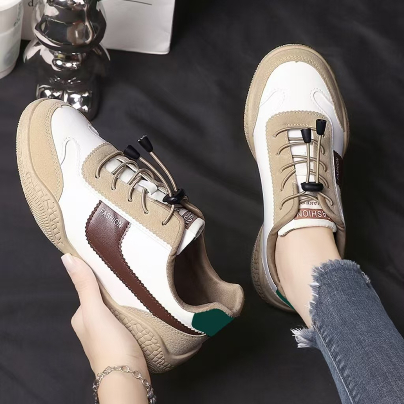 Ženske kožne casual tenisice, retro i opušten stil, okrugli vrh, zatvarač s elastičnom trakom, niski gornji dio, jesen