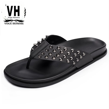 Muške flip-flop papuče od prave kože, rivet punk stil, protuklizna potplat