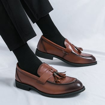 Мъжки лофери с ресни - PU горна част, гумена подметка, равен ток, ежедневен/делови стил