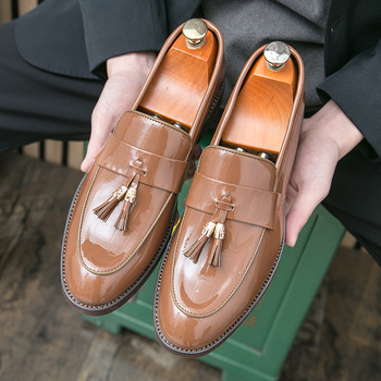 Мъжки лофери с ресни - PU горна част, гумена подметка, равен ток, ежедневен/делови стил