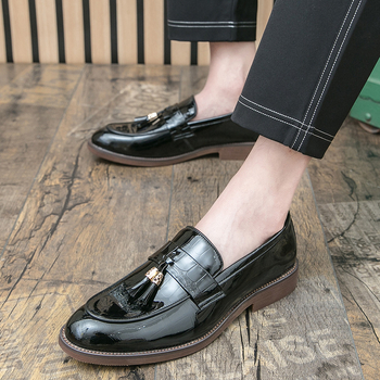 Мъжки лофери с ресни - PU горна част, гумена подметка, равен ток, ежедневен/делови стил