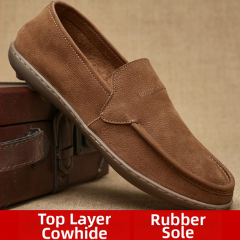 Мъжки кожени лоуфъри без връзки за лято, дишаща горна част от телешка кожа, гумена подметка, кръгла носка, нисък клин 1–3 cm