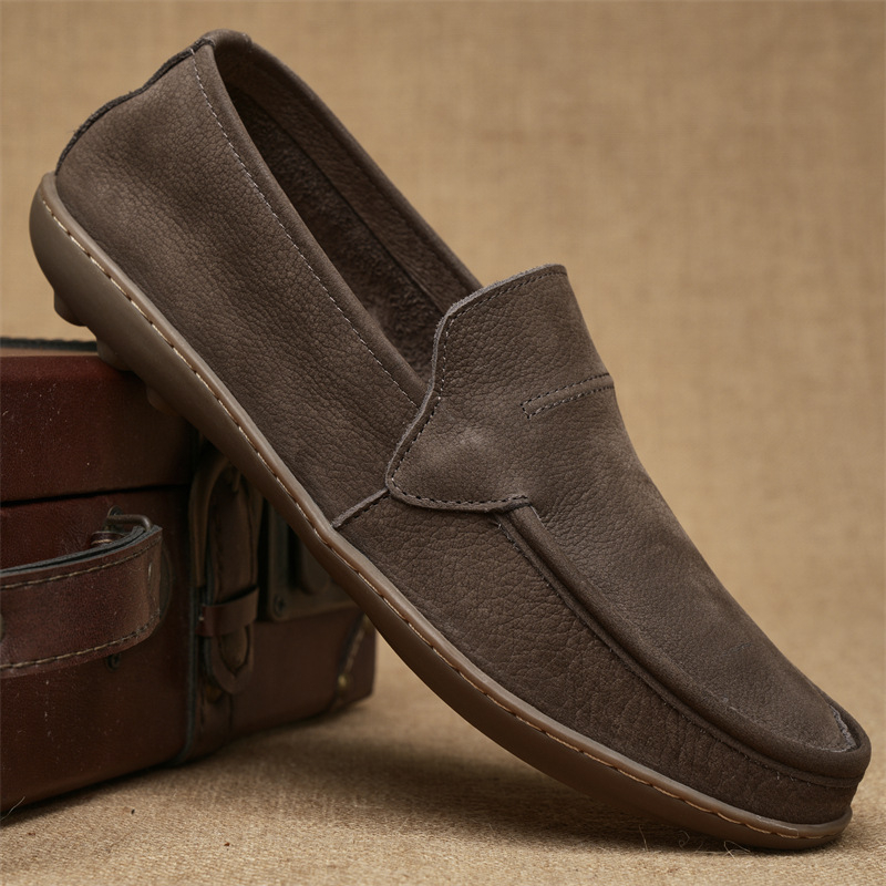 Мъжки кожени лоуфъри без връзки за лято, дишаща горна част от телешка кожа, гумена подметка, кръгла носка, нисък клин 1–3 cm