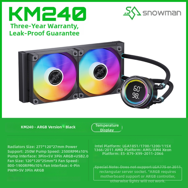 Snowman Km360 CPU hlađenje tekućinom s digitalnim zaslonom, hidridni radijator bakar-aluminij, 1800 RPM, 35 dB, inteligentna kontrola temperature