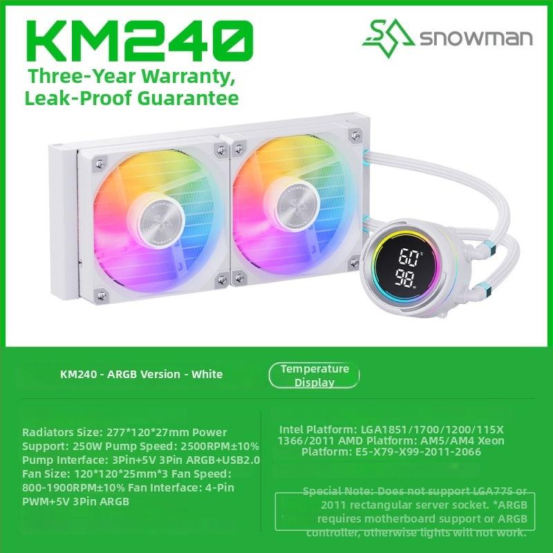Snowman Km360 CPU hlađenje tekućinom s digitalnim zaslonom, hidridni radijator bakar-aluminij, 1800 RPM, 35 dB, inteligentna kontrola temperature