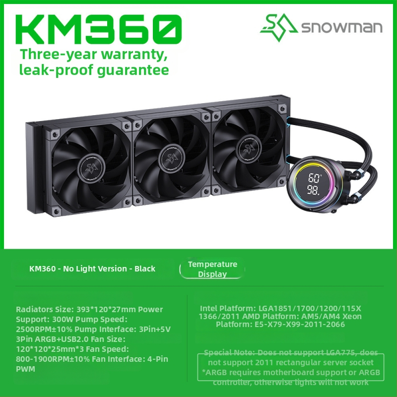 Snowman Km360 CPU hlađenje tekućinom s digitalnim zaslonom, hidridni radijator bakar-aluminij, 1800 RPM, 35 dB, inteligentna kontrola temperature