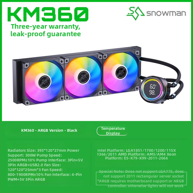 Snowman Km360 CPU hlađenje tekućinom s digitalnim zaslonom, hidridni radijator bakar-aluminij, 1800 RPM, 35 dB, inteligentna kontrola temperature