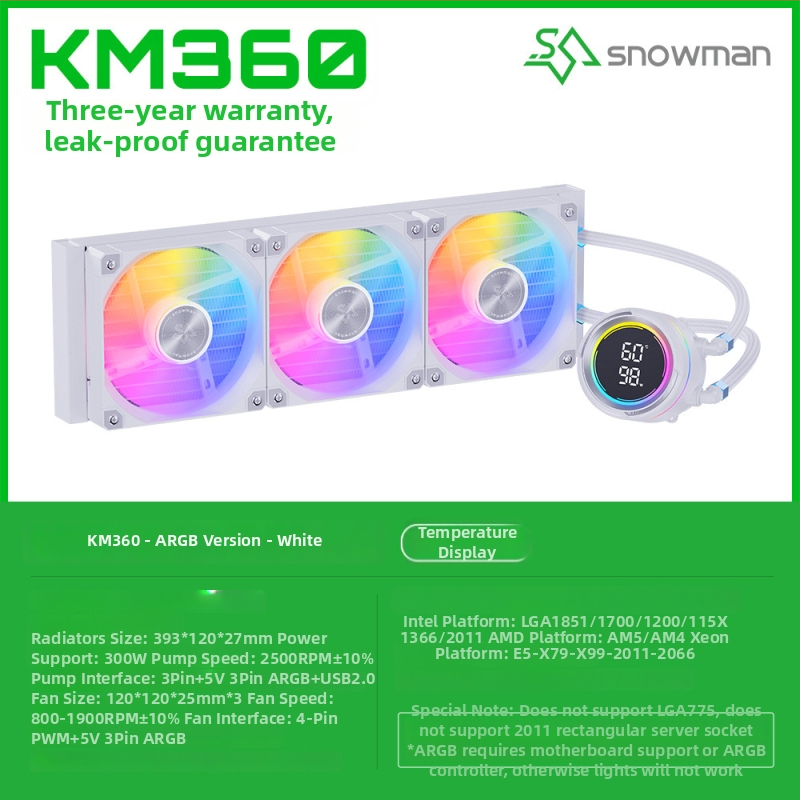Snowman Km360 CPU hlađenje tekućinom s digitalnim zaslonom, hidridni radijator bakar-aluminij, 1800 RPM, 35 dB, inteligentna kontrola temperature