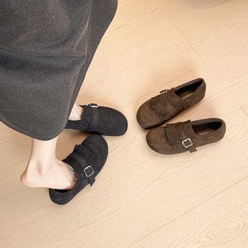 Loafers s retro brogue stilom, gornji dio od kravlje kože, okrugli vrh, slip-on, niski pet 1-3 cm