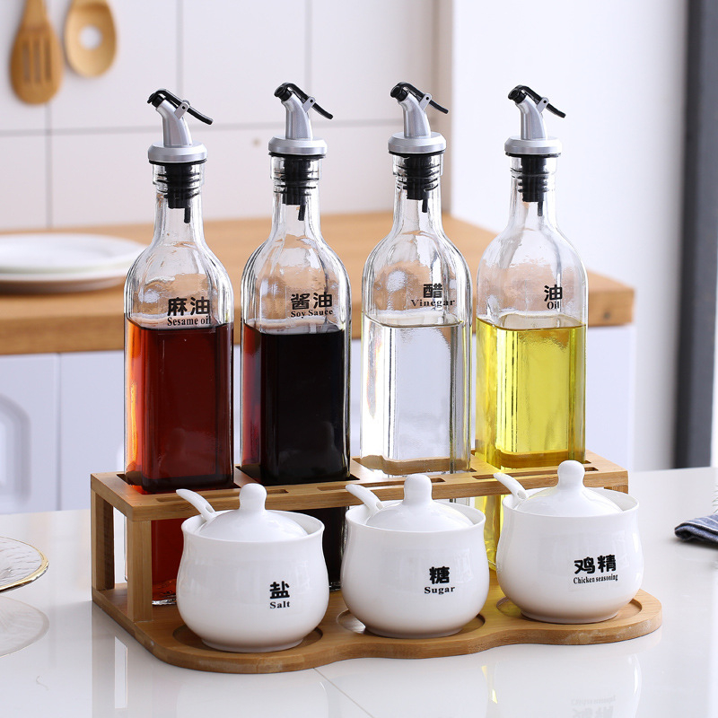 Keramički set posuda za začine u kuhinji — bočice za ulje, sol, sezamovo ulje, umak i ocat s automatskim poklopom, japanski stil